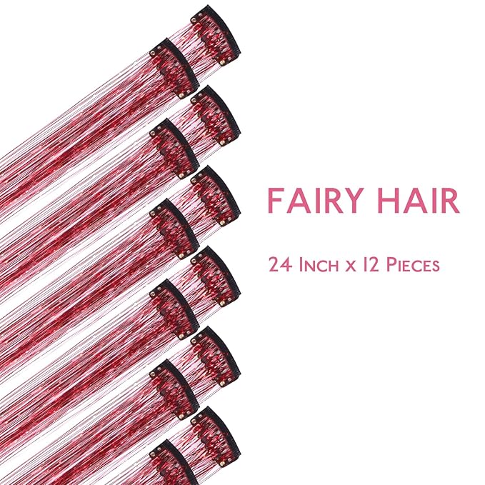WENNALIFE Hair Tinsel kit for Girls, Clip in Red, 12PCS 24 Inch Hair Accessories for Women Clip in Colorful Glitter Tinsel Hair Fairy Girls Hair Accessories for Kids