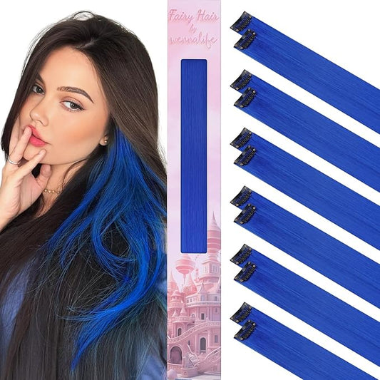 WENNALIFE 12 PCS Blue Hair Extensions Clip in, Colored Clip in Hair Extensions for Kids Highlights Rainbow Hair Clips for Girls Synthetic Straight Pop-up Style Colorful Festival Girls Hair Accessories