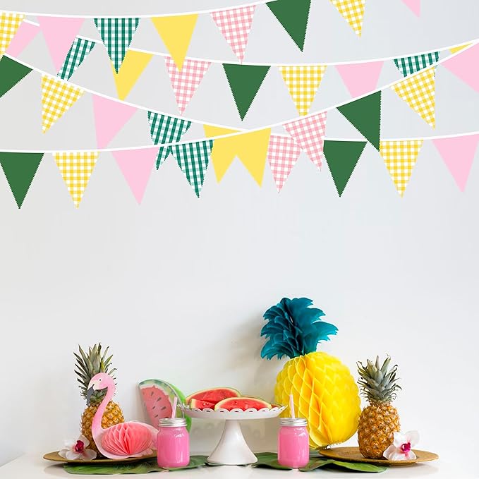 32Ft Camp Bride Party Decorations Pink Green Yellow Gingham Fabric Triangle Banner Flag Plaid Pennant Garland Streamers for Camping Bachelorette Glamping Baby Shower Picnic Birthday Decor Supplies