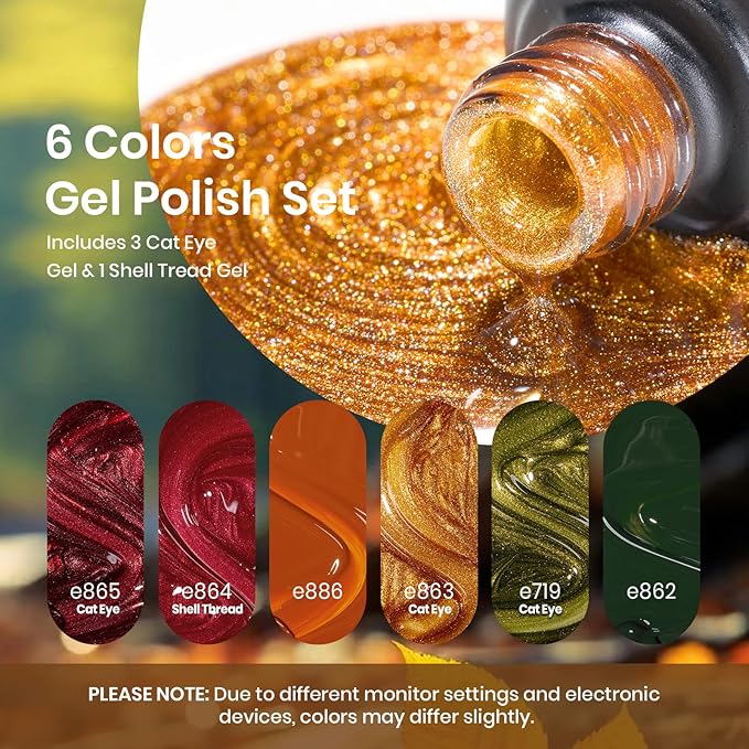 Beetles Cat Eye Gel Nail Polish Set, 6 Colors Red Burgundy Gel Olive Green Cat Eye and Pearl Nail Polish with Magnet Soak Off LED Nail Art Kit DIY Salon at Home Winter Gifts for Women