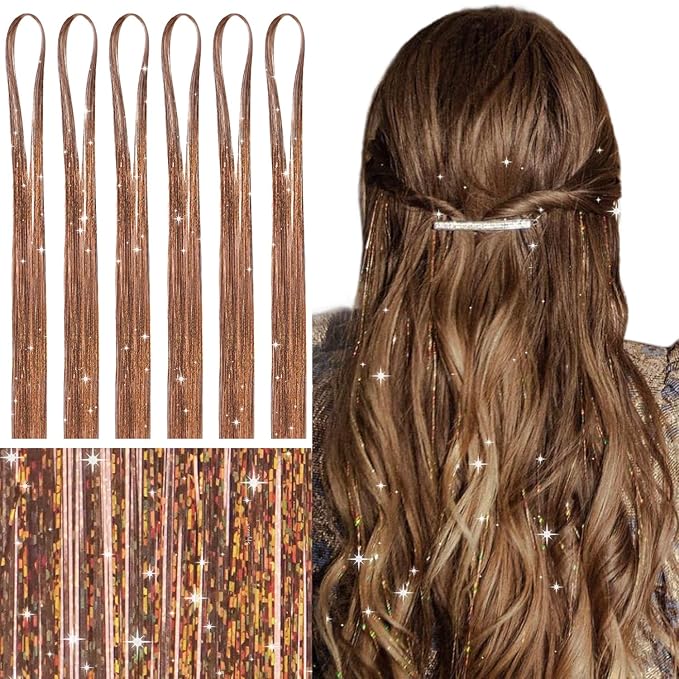 WENNALIFE Hair Tinsel for Girls, Golden Brown Fairy Kit 1200 Strands 6PCS 48 Inch Heat Resistant Glitter Tinsel Hair Extensions Kit Christmas Feathers Sparkle Strands