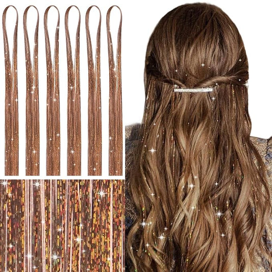 WENNALIFE Hair Tinsel for Girls, Golden Brown Fairy Kit 1200 Strands 6PCS 48 Inch Heat Resistant Glitter Tinsel Hair Extensions Kit Christmas Feathers Sparkle Strands