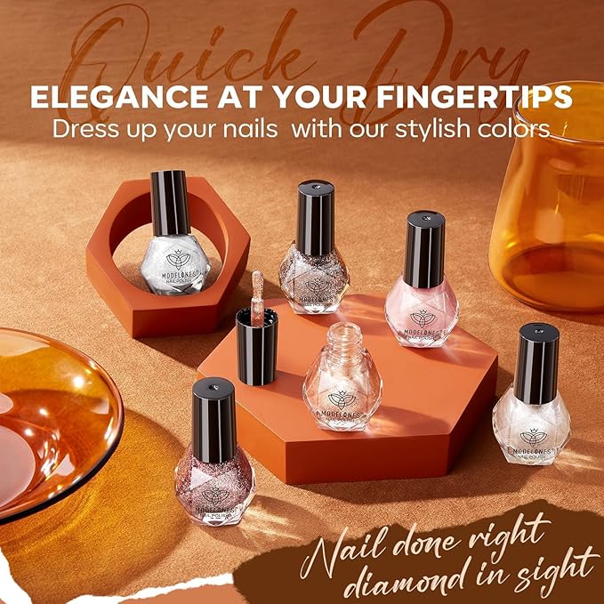 modelones Glitter Nail Polish Set 6 Colors Gold Brown Silver Pink Nude Fall Winter Shimmer Pearl Quick Dry Kit Manicure DIY Nails Art Salon Home Gifts For Women Girls