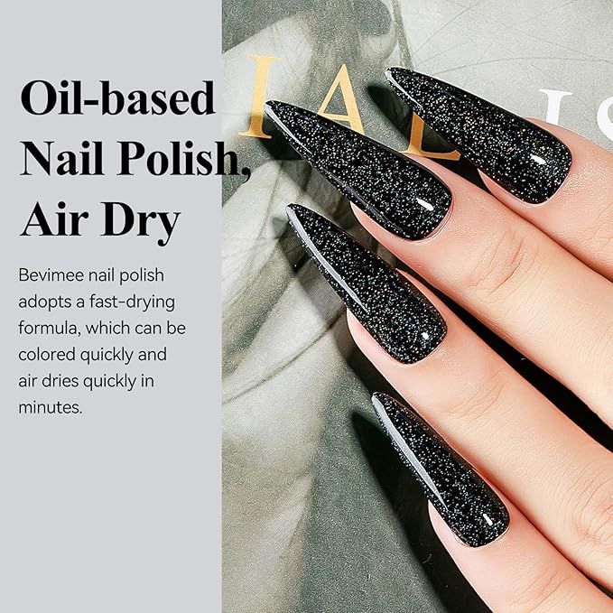 Nail Polish Quick Dry, Black Glitter Nail Lacquer Air Fast Drying, Sparkle Mooncat Nail Pigment Oil-based High Coverage Holographic Fingernail Concealer Polish, 1PC 12ML Long Wear