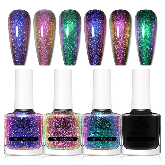 Born Pretty Chameleon Nail Polish Set Holographic Glitter Polish Sparkle Shimmer Nail Art Polish with Black Nail Polish Multicolored Nail Art Varnish 4 Bottles