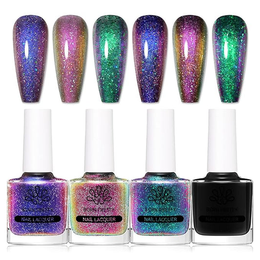 Born Pretty Chameleon Nail Polish Set Holographic Glitter Polish Sparkle Shimmer Nail Art Polish with Black Nail Polish Multicolored Nail Art Varnish 4 Bottles