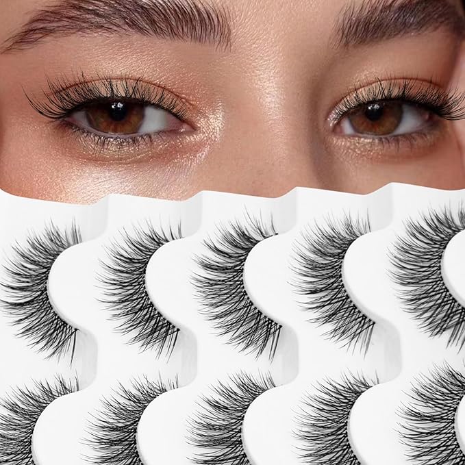 Wispy Lashes Natural Look Cat Eye Lash NINGLASH False Eyelashes Clear Band Fake Eyelash 14mm Faux Lashes Strips 5 Pairs Lash Pack