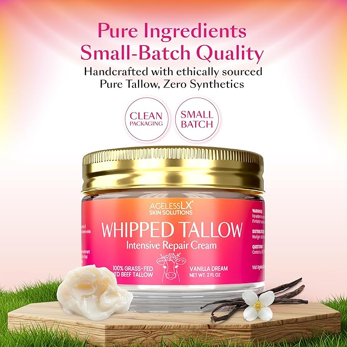 100% Grass Fed Beef Tallow for Skin - Face and Body - No Oils Added, Whipped Tallow Balm - Deep Hydration and Skin Repair - Vanilla Essence - Soothes Dry Skin and Irritation - Fast-Absorbing