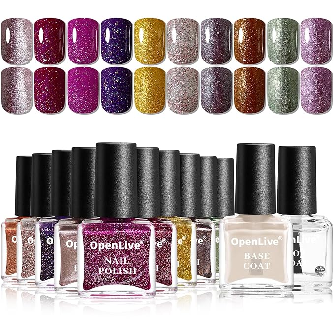 Glitter Nail Polish Set, 10 Color With 2PCS Base and Top Coat Nail Polish
