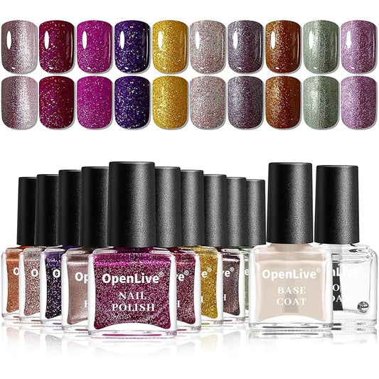 Glitter Nail Polish Set, 10 Color With 2PCS Base and Top Coat Nail Polish