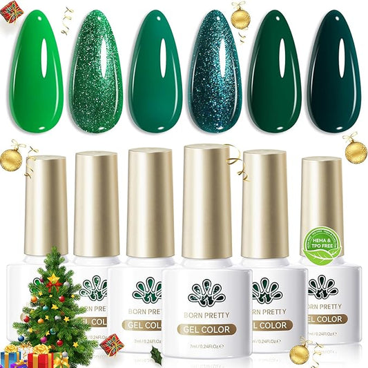 Born Pretty Christmas Carnival Evergreen Gel Nail Polish Set,6 Colors Green Glitter Gel Polish Set Forest Dark Avocado Sage Green Sparkle Soak Off U V Gel Nail Kit Manicure DIY Salon Home Gift