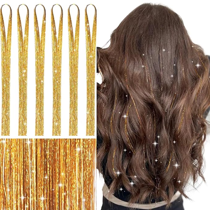 WENNALIFE Hair Tinsel for Girls, Gold Fairy Kit 1200 Strands 6PCS 48 Inch Heat Resistant Glitter Tinsel Hair Extensions Kit Christmas Angel for Sparkle Strands
