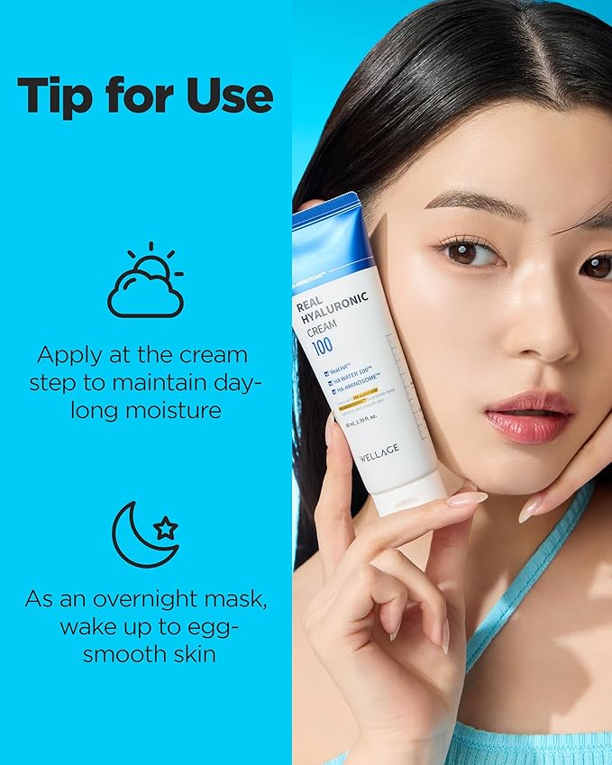 WELLAGE Real Hyaluronic Cream 100, Pure Hyaluronic Acid Korean Face Moisturizer with Ceramide Panthenol Squalane Vitamin B5 Niacinamide - Hydrating face moisturizer, Hypoallergenic, 2.7oz.