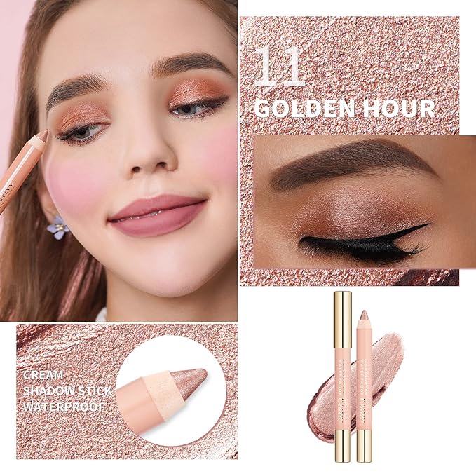 Oulac Nude Gold Eyeshadow Stick - Highly Pigmented Eye Shadow Pencil Waterproof & Long Lasting, Shimmering Glitter Finish, Blendable Eyes Makeup, Vegan Beauty 3.8g, (11) Golden Hour