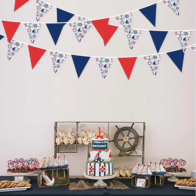 32Ft Nautical Party Decorations Red Blue White Nautical Themed Fabric Banner Triangle Pennant Flag Garland Streamers for Kids Boys Ocean Birthday Ahoy Achor Pirate Baby Shower Outdoor Garden Supplies