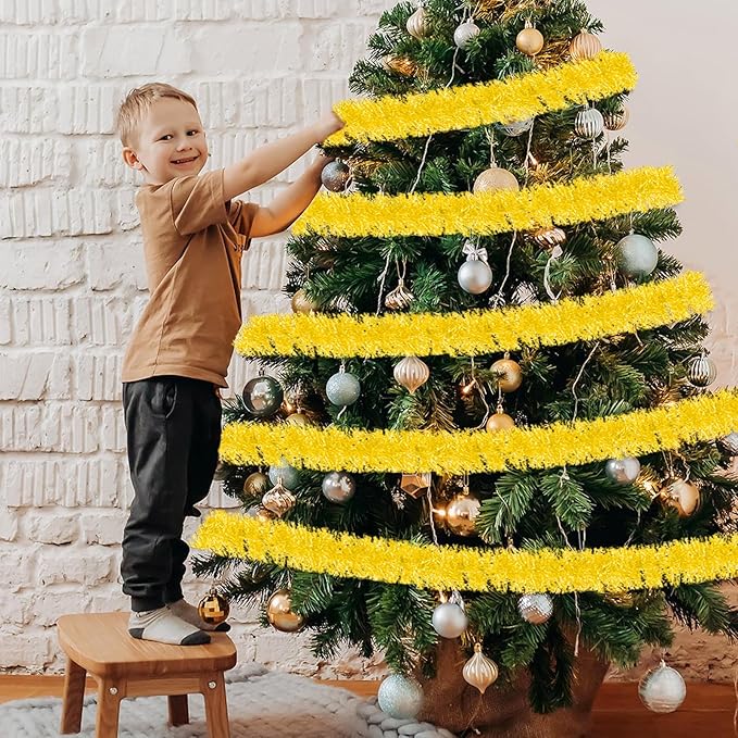 25 Feet Christmas Foil Fringe Banner Metallic Tassle Garland Metallic Backdrop Parade Floats Shiny Hanging Ceiling, Valentine's, Wedding, New Year Party Decorations(4" x 25', Macaron Yellow)