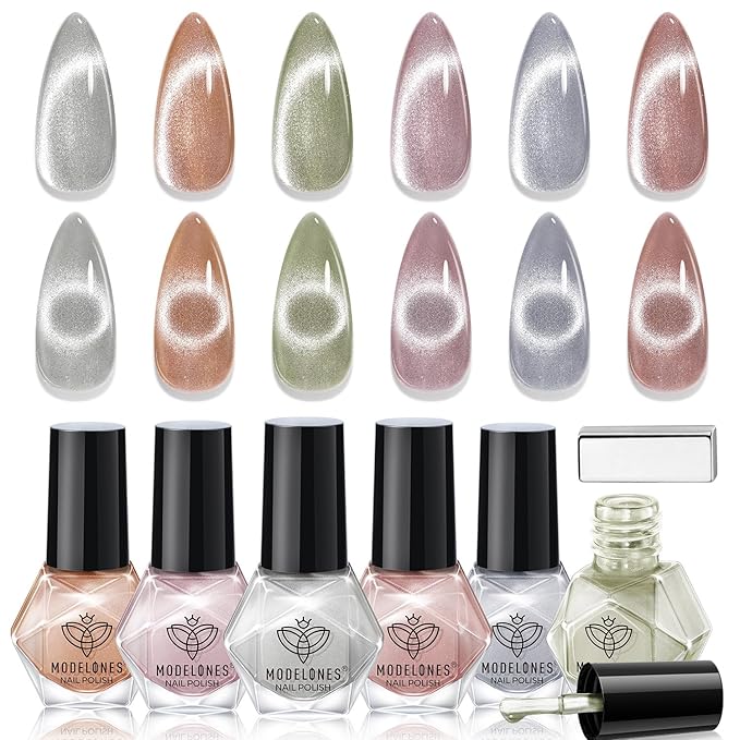 modelones Cat Eye Nail Polish Set, 6 Colors Magnetic Silver Pink Red Purple Quick Dry Mini Nail Lacquer Kit, Green Orange Blue Long Lasting Manicure Home DIY Fall Gifts for Women Girls