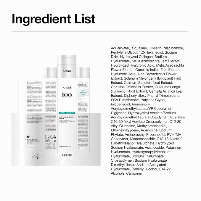 ANUA PDRN Hyaluronic Acid 100 Moisturizing Cream, Lightweight Hydrating Moisturizer with Salmon PDRN, Hyaluronic acid, Collagen for Glass Skin, Korean Skin Care (60ml / 2.02 fl. oz)