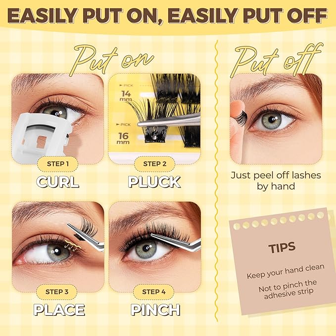 PopUp Self Adhesive Eyelashes Clusters, Press On Lashes Pre Glued Eyelash Extension Kit with Lash Tweezer,10-16mm No Glue No Remover Needed Self Adhesive Lashes Clusters ZNF23