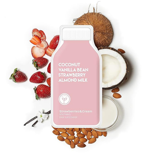 ESW Beauty Strawberries & Cream - Soothing Raw Juice Face Mask (6-Pack) - Calming with Coconut, Vanilla Bean, Almond Milk & Strawberry for Sensitive Skin - Reduces Redness & Nourishes