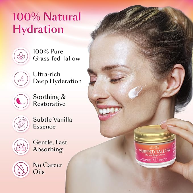 100% Grass Fed Beef Tallow for Skin - Face and Body - No Oils Added, Whipped Tallow Balm - Deep Hydration and Skin Repair - Vanilla Essence - Soothes Dry Skin and Irritation - Fast-Absorbing
