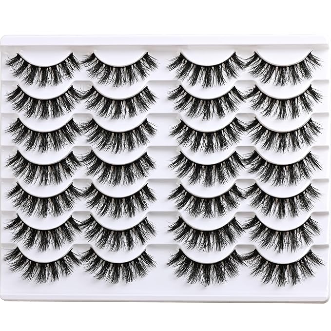 Wispy Lashes Fluffy Mink Eyelashes 16mm Natural Thick False Eye Lash Strips 14 Sets Medium Wispies Fake Strip Doll Eyelash Wet Spikes Style Full Volume Cateye Spiky Lashes Manga Look
