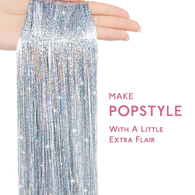 WENNALIFE Hair Tinsel for Girls, Silver Fairy Kit 1200 Strands 6PCS 48 Inch Heat Resistant Glitter Tinsel Hair Extensions Kit Christmas Angel Feathers Hair Sparkle Strands