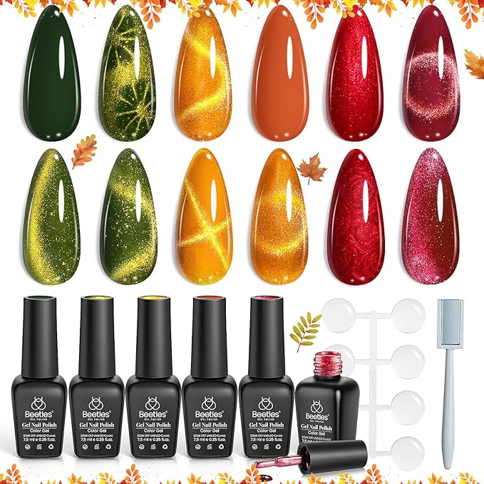 Beetles Cat Eye Gel Nail Polish Set, 6 Colors Red Burgundy Gel Olive Green Cat Eye and Pearl Nail Polish with Magnet Soak Off LED Nail Art Kit DIY Salon at Home Winter Gifts for Women