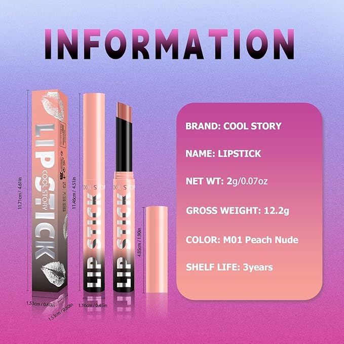 COOL STORY Matte Lipstick Lightweight Blurring Formula with High Impact Pigment, Long-lasting, 0.07 oz (Peach Nude)