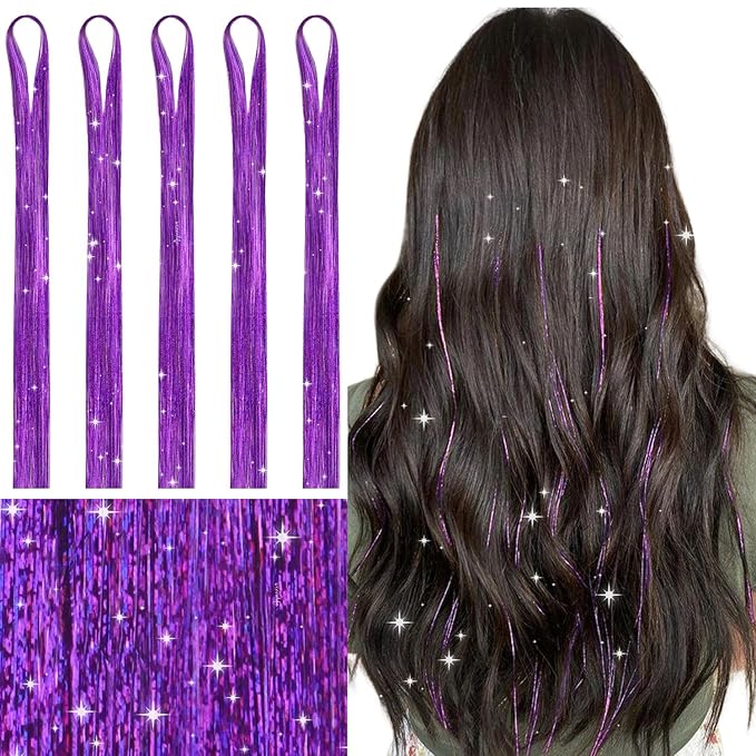 WENNALIFE Hair Tinsel for Girls, Purple Fairy Kit 1200 Strands 6PCS 48 Inch Heat Resistant Glitter Tinsel Hair Extensions Kit Christmas Feathers Sparkle Strands