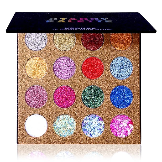 UCANBE Pro Glitter Eyeshadow Palette - Professional 16 Colors - Chunky & Fine Pressed Glitter Eye Shadow Powder Makeup Pallet Highly Pigmented Ultra Shimmer for Face Body