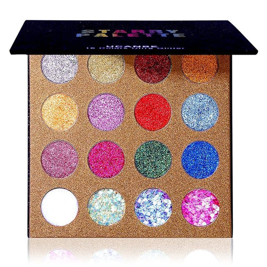 UCANBE Pro Glitter Eyeshadow Palette - Professional 16 Colors - Chunky & Fine Pressed Glitter Eye Shadow Powder Makeup Pallet Highly Pigmented Ultra Shimmer for Face Body