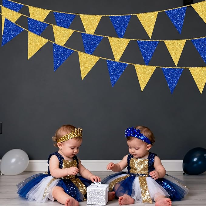 Royal Blue Gold Party Decorations Pennant Banner Flag Glitter Navy Blue and Gold Triangle Hanging Bunting for Birthday Graduation Bridal Shower Wedding Bachelorette Nautical Ahoy Achor Party Supplies