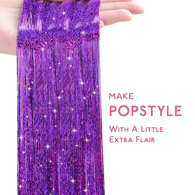 WENNALIFE Hair Tinsel for Girls, Purple Fairy Kit 1200 Strands 6PCS 48 Inch Heat Resistant Glitter Tinsel Hair Extensions Kit Christmas Feathers Sparkle Strands