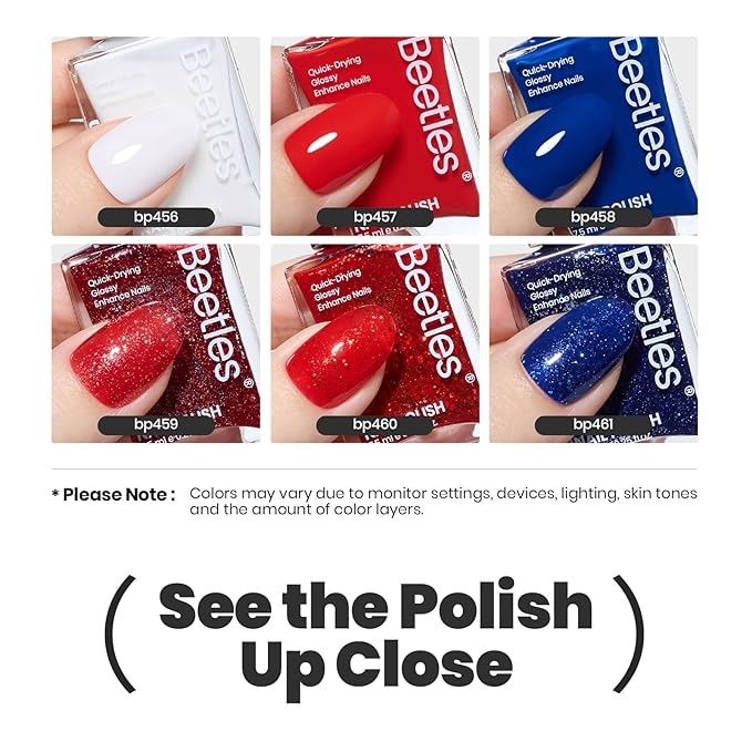 Beetles 4th Nail Polish Set - 6 Colors White Red Blue Nail Polish Kit Sparkle Glitter Fingernail, Quick Dry Long Lasting Beetles Midnight Fireworks Diy Nail Art Design Christmas Gifts for Women