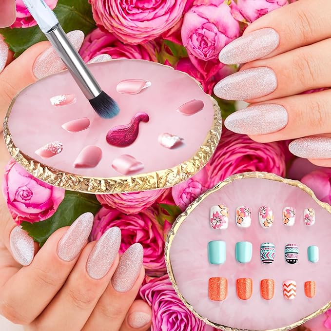 Ouligay Resin Nail Art Palette Makeup Mixing Palette Gold Edge Nail Art Tool Gel Design Nail Art Makeup Mixing Tray DIY (Pink)