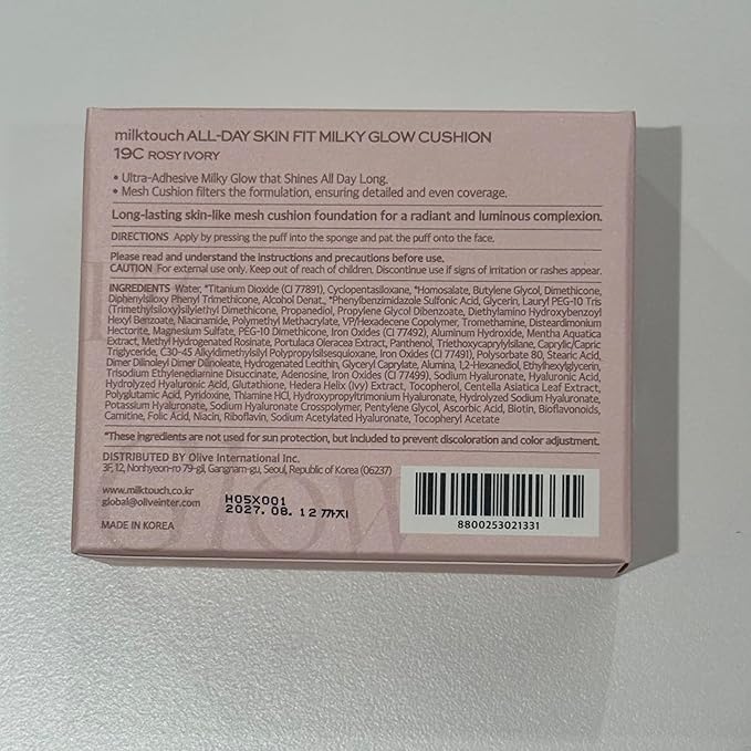 milktouch Cushion Foundation, 24H Flawless Skin, Radiant Shine, No Oxidation, Long-Lasting, Non-Creasing, 60% Hydrating Skincare Infused Korean Foundation, Valentines Gifts (19C Rosy Ivory)