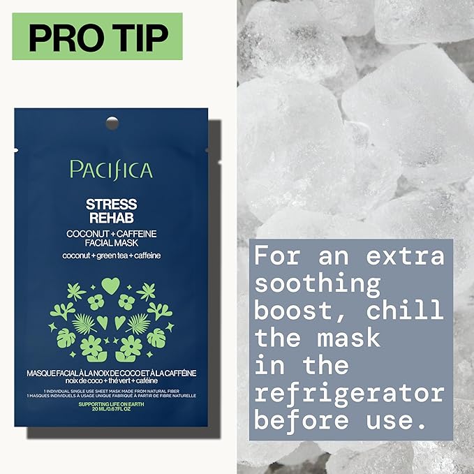 Pacifica Sheet Mask - Skin Rehab Coconut & Caffeine Facial Mask - Sheet Mask for Redness & Puffiness, Infused w/Green Tea, Turmeric & Hyaluronic Acid, Vegan & Cruelty-Free Skincare