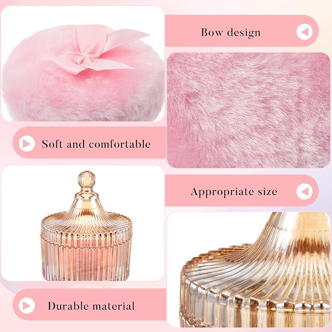 Tioncy 3 Pcs Large Body Powder Puff and Container Powder Container with Puff Crystal Case Soft Washable Reusable Velour Face Body Glitter Wet Dry Makeup(Simple,Amber)