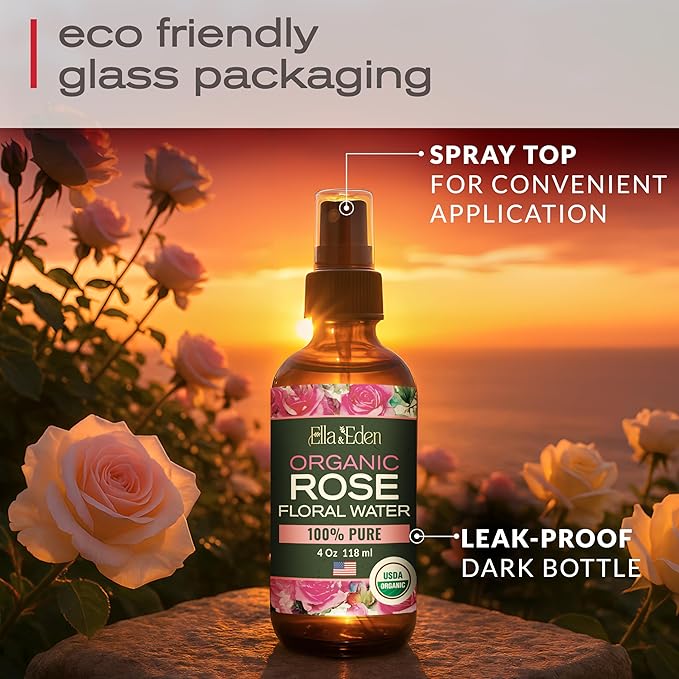 Ella & Eden Organic Rose Water Spray for Face, Hair | Hydrating, Refreshing Face Mist | USDA Certified 100% Pure Steam Distilled Hexane-Free - 4 Oz