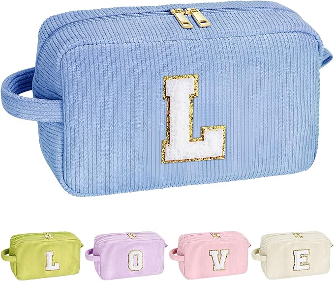 YOOLIFE Cosmetic Bags for Women - Birthday Gifts for Girls Women Preppy Stuff Travel Makeup Bag Teacher Appreciation Gifts Makeup Bags Corduroy Blue Makeup Bag Girlfriend Granddaughter Gifts Letter L