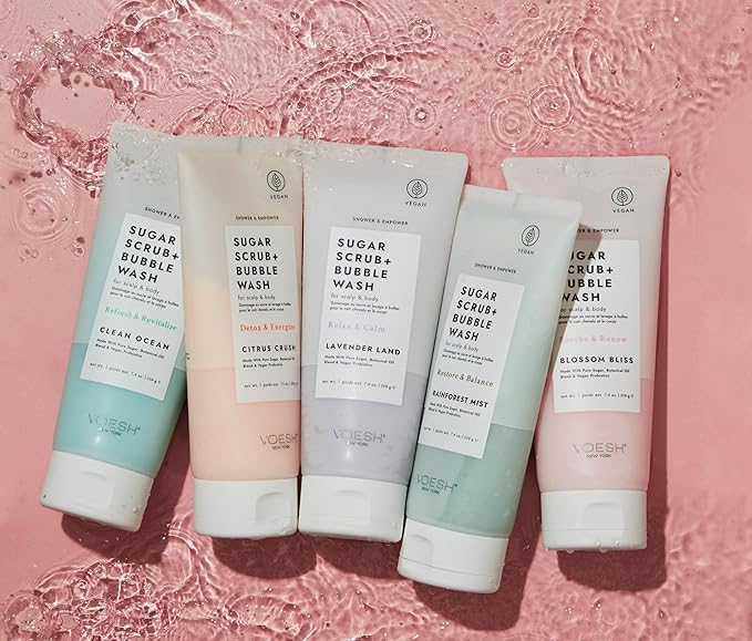 VOESH Sugar Scrub + Bubble Wash, Exfoliating Body Scrub & Body Wash, Blossom Bliss, Scalp Scrub, Scalp Care, Shower Sugar Scrub, Vegan Body Care