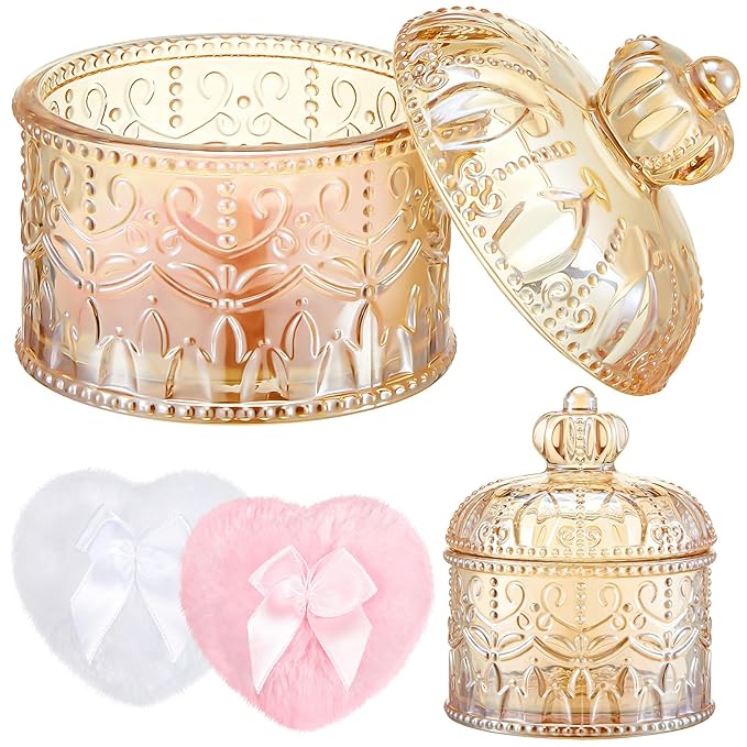 Tioncy 3 Pcs Large Body Powder Puff and Container Powder Container with Puff Crystal Case Soft Washable Reusable Velour Face Body Glitter Wet Dry Makeup(Crown,Amber)