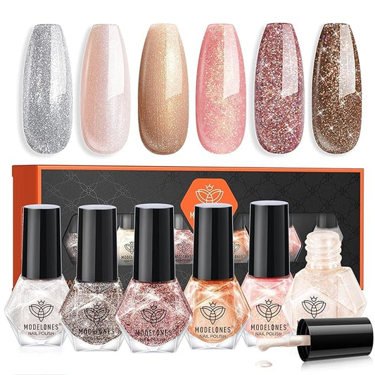 modelones Glitter Nail Polish Set 6 Colors Gold Brown Silver Pink Nude Fall Winter Shimmer Pearl Quick Dry Kit Manicure DIY Nails Art Salon Home Gifts For Women Girls
