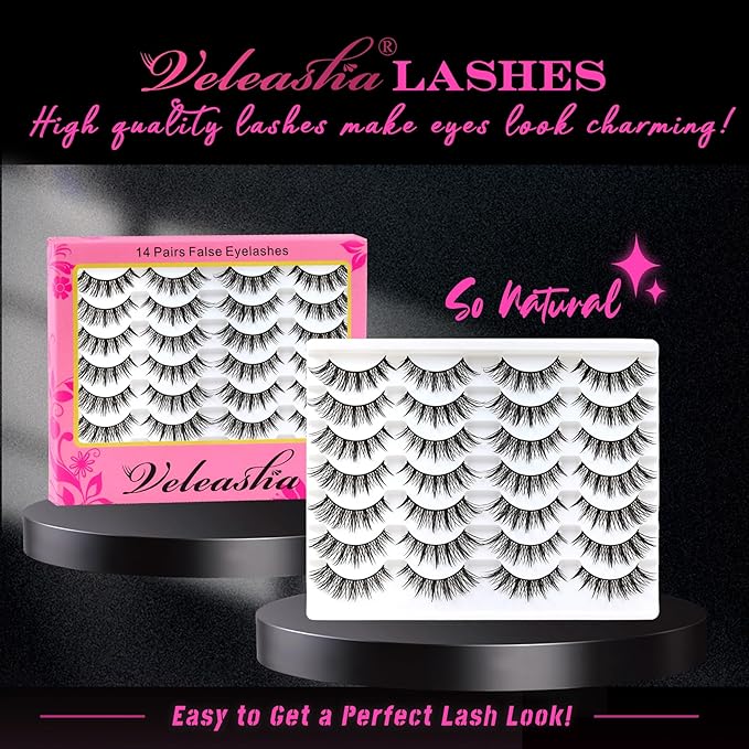 Veleasha Manga Lashes Spiky Eyelashes Cat Eye Lashes Wet Look Lash Natural Look Eyelash Manhua Lash 3D Effect Anime Design 14 Pairs Pack (Celestial)