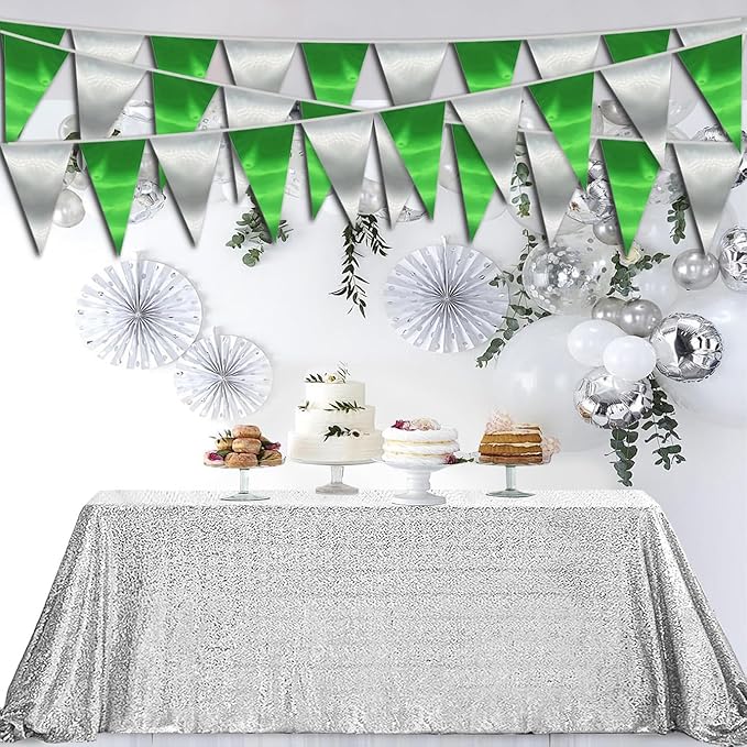 20M/65FT Green Silver Triangle Pennant Banner Flag Metallic Fabric Bunting Garland for Christmas Graduation Wedding Engagement Anniversary Bachelorette Birthday Bridal Shower Hen Party Supplies
