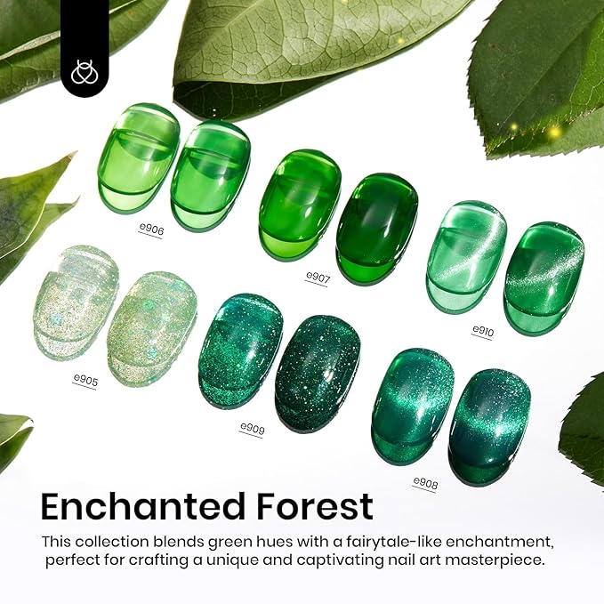 beetles Gel Polish Christmas Green Gel Nail Polish Set Cat Eye Jelly with Color Swatch Dots Magnet 6 Color Glitter Enchanted Forest Theme for Salon Manicure Nail Art DIY at Home Gift for Women Girls