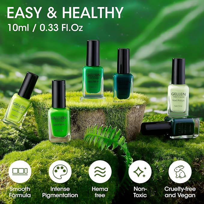 GELLEN Green Regular Nail Polish Non Gel, Fast Air Drying Full Size Green Nail Polish No UV Light Needed Spring Summer Dark Light Grass Forest Jungle 6 Colors Set for Women Manicure St. Patrick's Day