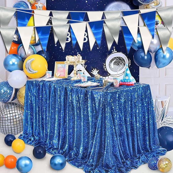 65FT Navy Blue White Silver Triangle Pennant Banner Flag Metallic Fabric Bunting Garland for Christmas Graduation Birthday Wedding Bridal Shower Nautical Ahoy Achor Theme Party Decorations Supplies