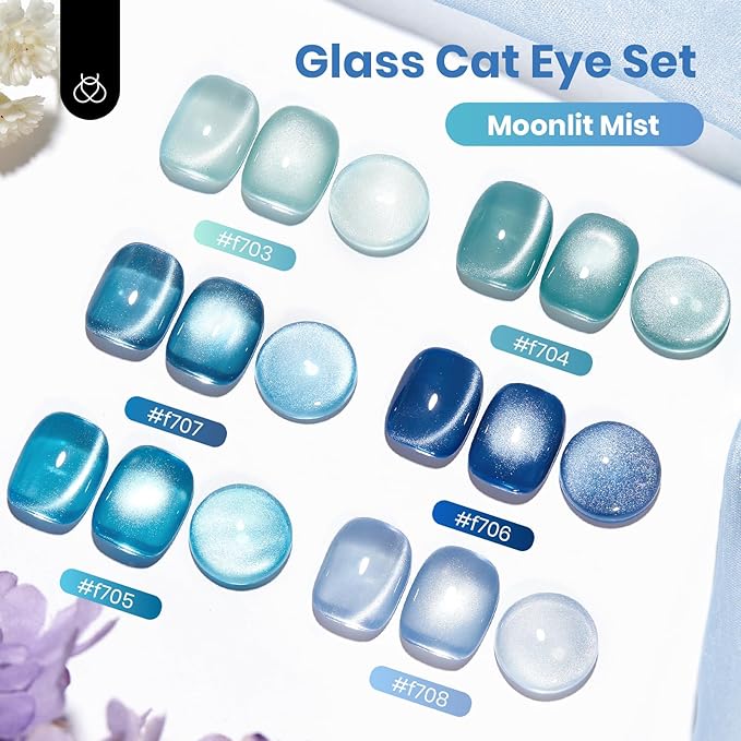 beetles Gel Polish Moonlit Mist Cat Eye Gel Nail Polish Set - 6 Colors Blue Glitter Fall Gel Nail Kit, Jelly Sheer Magnetic Shine Soak Off UV Gel for Salon DIY Manicure Gift for Women